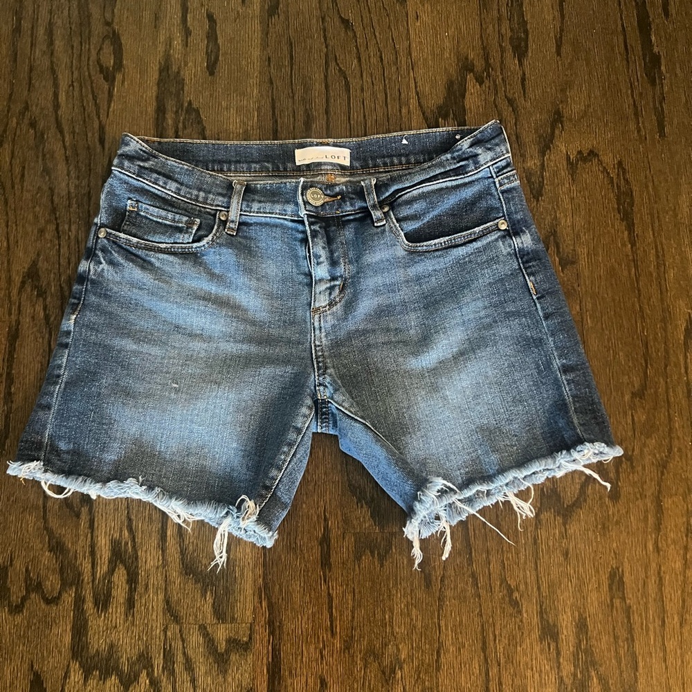 LOFT Blue Jean Shorts Distressed Frayed Hem